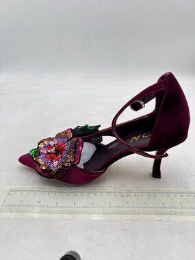 YDN Purple Sequins Flower Pointed Toe Mid Heel Ankle Strap Slip on Dorsay Shoe